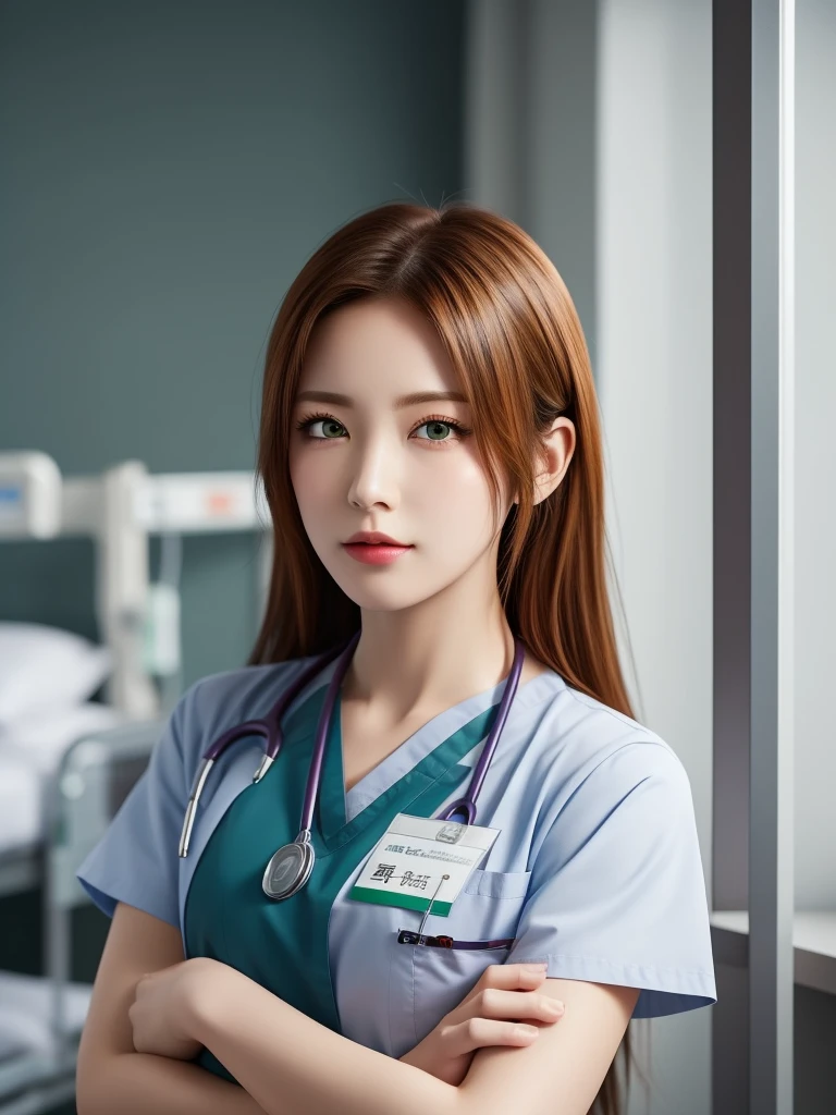 One girl、solo、nurse、Green Eyes、Arms crossed、no hat、Orange Hair、Long Hair、Name tag、、Hospital room、
masterpiece、high quality、Very high resolution、Large file sizes、Full Color、