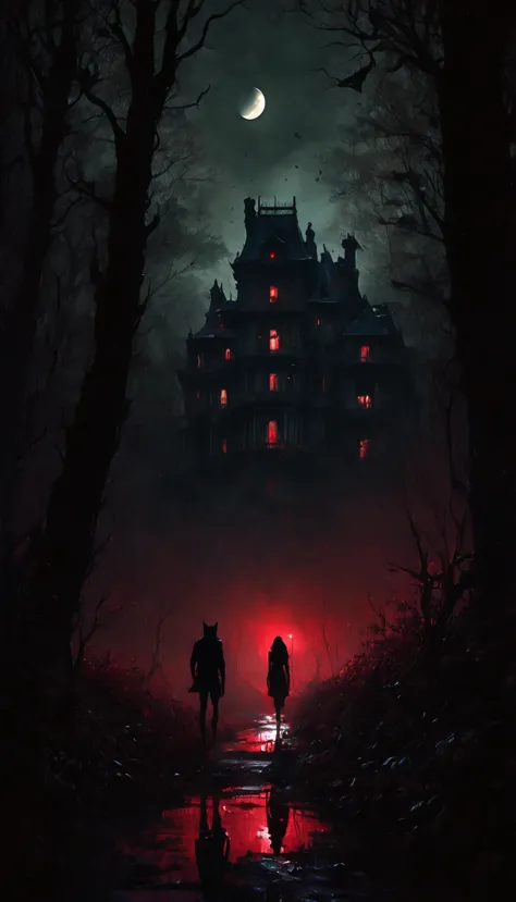 a decaying abandoned mansion in a lush overgrown forest, full moon glowing red in a dark night sky, shadowy wolf silhouettes pro...