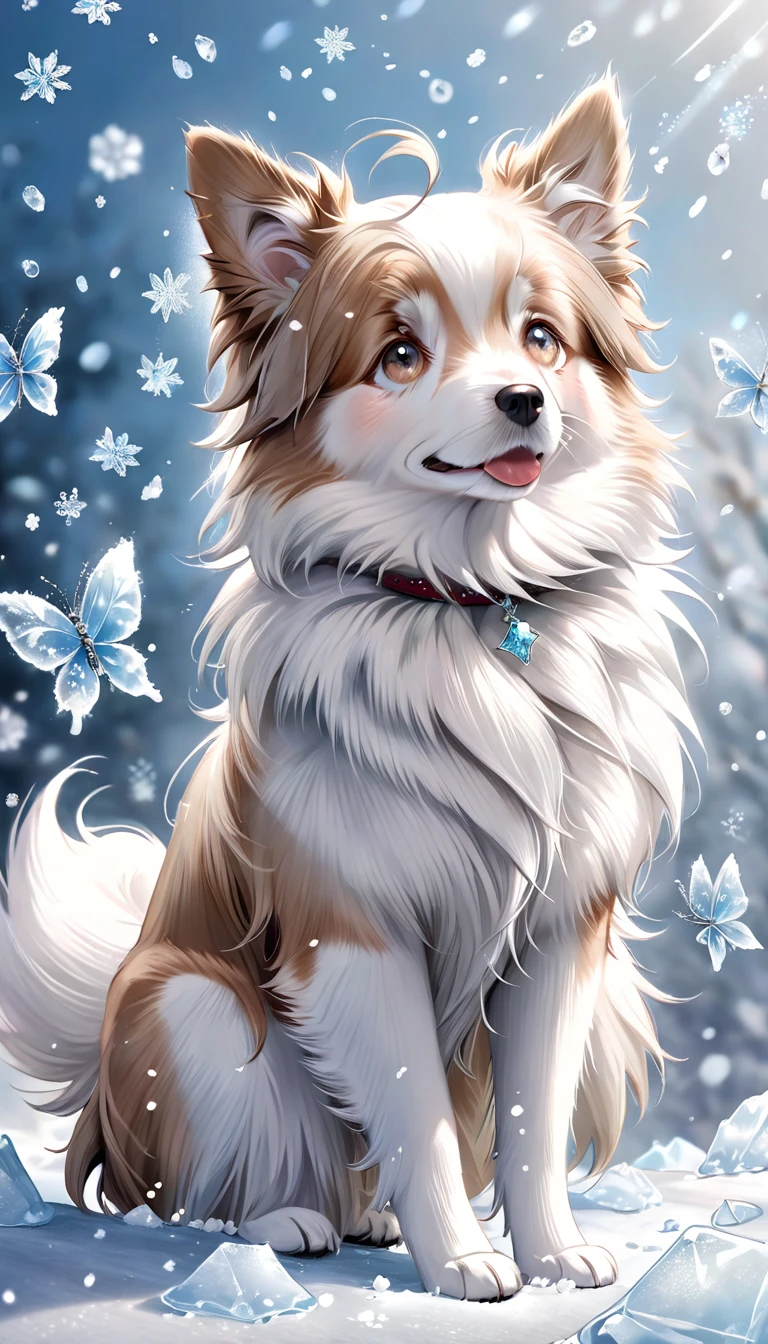 absurdres, highres, ultra detailed, HDR, master piece, best quality, extremely detailed, dog, border collie doble merle, pure white fur, light brown around the eyes, light brown ears, solo, cute, small, fantasy, magical, magic, glittering, sparkling, ice butterflies, ice flowers, snowing, snowflakes, winter, ice