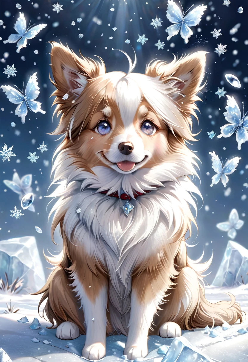 absurdres, highres, ultra detailed, HDR, master piece, best quality, extremely detailed, dog, border collie doble merle, pure white fur, light brown around the eyes, light brown ears, solo, cute, small, fantasy, magical, magic, glittering, sparkling, ice butterflies, ice flowers, snowing, snowflakes, winter, ice