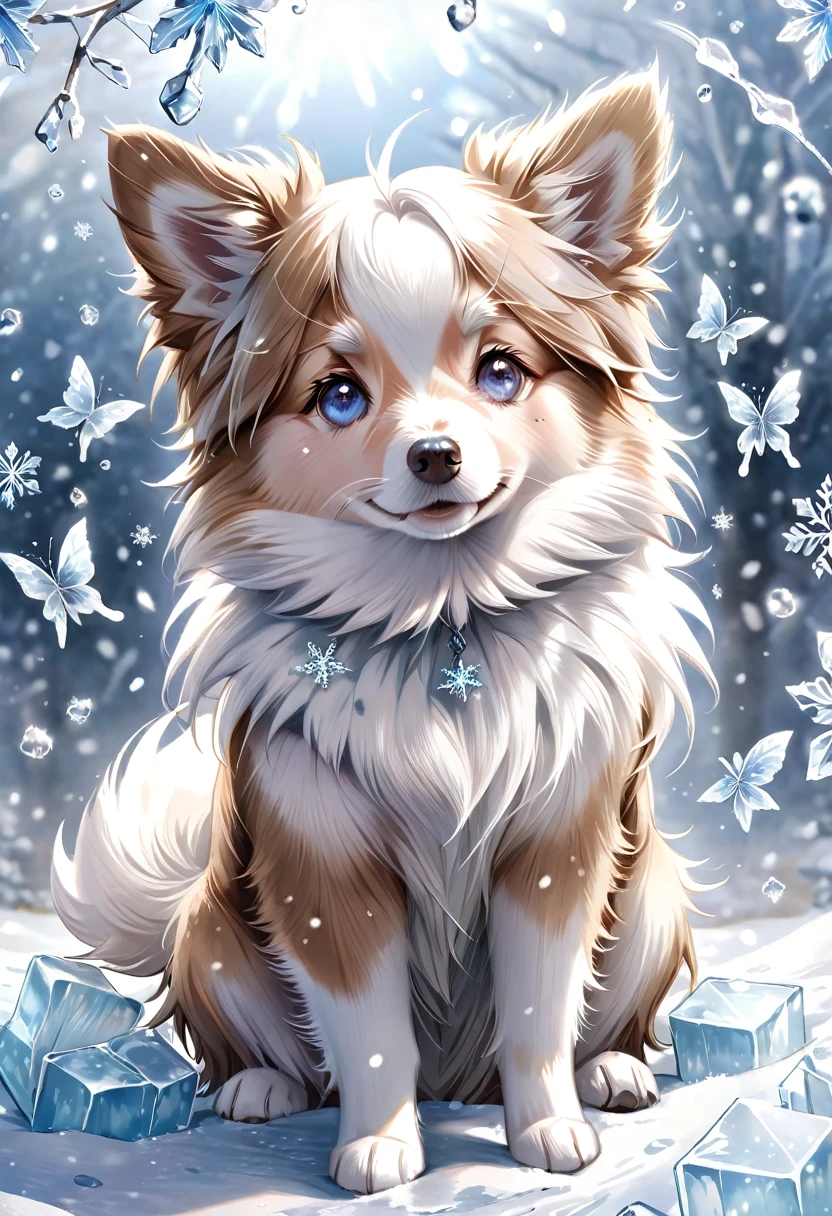 absurdres, highres, ultra detailed, HDR, master piece, best quality, extremely detailed, dog, border collie doble merle, pure white fur, light brown around the eyes, light brown ears, solo, cute, small, fantasy, magical, magic, glittering, sparkling, ice butterflies, ice flowers, snowing, snowflakes, winter, ice