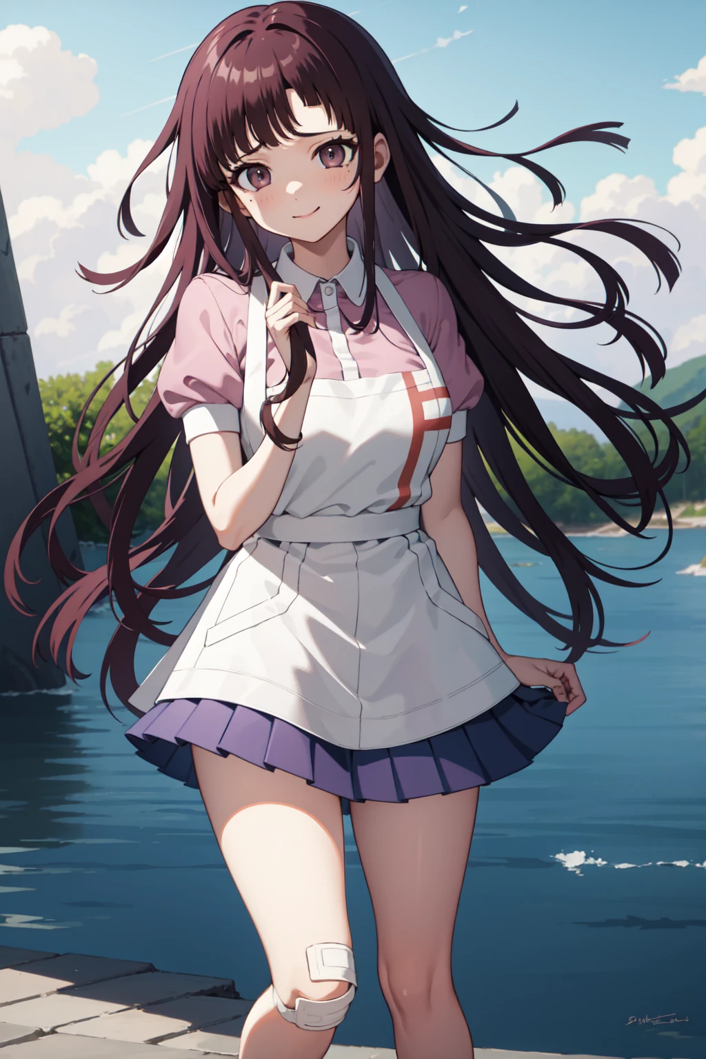 masterpiece, best quality, highres, large breasts, tmikan, purple hair, (brown eyes:1.2), long hair, messy hair, bandaged arm, bandaged leg, bandaid on knee, pink shirt, puffy short sleeves, white apron, pleated skirt, outdoors, looking at viewer, closed mouth, smile, puppy eyes, waterfall background, grass, holding strawberry donuts,