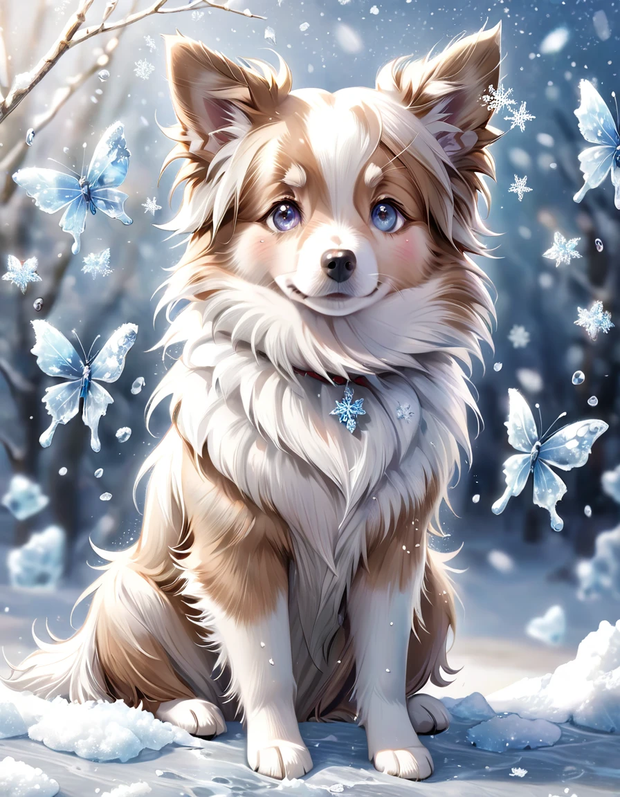 absurdres, highres, ultra detailed, HDR, master piece, best quality, extremely detailed, dog, border collie doble merle, pure white fur, light brown around the eyes, light brown ears, solo, cute, small, fantasy, magical, magic, glittering, sparkling, ice butterflies, ice flowers, snowing, snowflakes, winter, ice