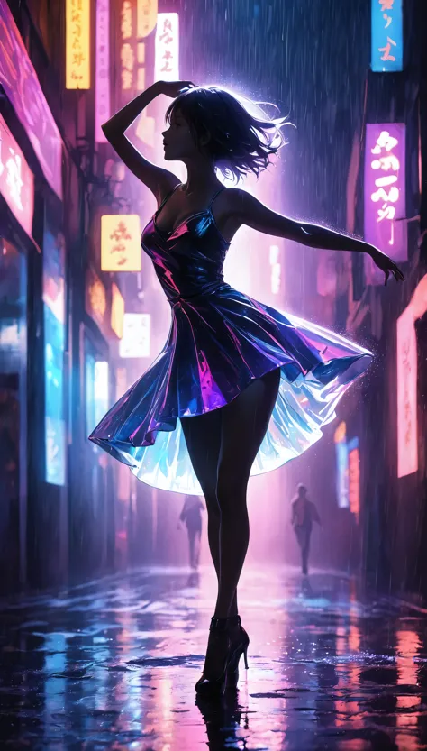 beautiful female body silhouette, sexy dance to seduce the audience, heavy rain, perfect silhouette, bold and attractive, break ...