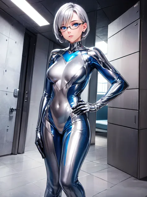 highest quality 8k uhd、mastepiece、close-up、short hair、blue eyes、open legs、silver hair、glasses、a beautiful woman wearing a sleek ...