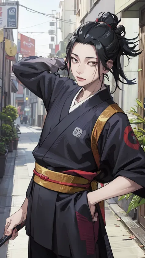 character of a person with black hair, long aga, brown eyes, handsome, sexy face, wearing a kimono. named "suguru geto" in the a...