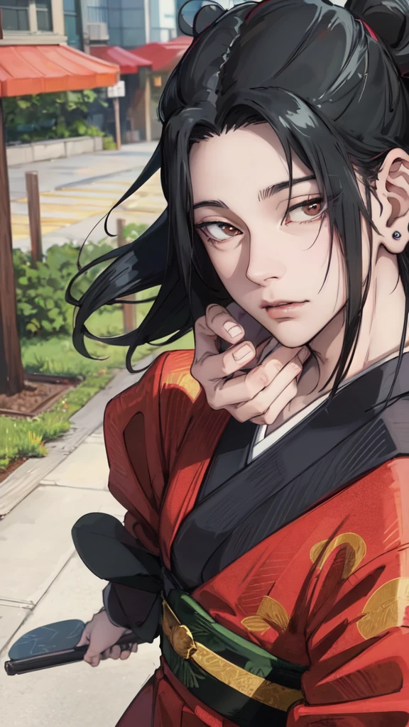 CHARACTER OF A PERSON WITH BLACK HAIR, LONG AGA, BROWN EYES, HANDSOME, SEXY FACE, WEARING A KIMONO. NAMED "SUGURU GETO" IN THE ANIME STORY SERIES"(JUJUTSU KAISEN), IT STANDS IN THE MIDDLE OF A BEAUTIFUL CITY, WITH REALISTIC -8K HDR EFFECTS.