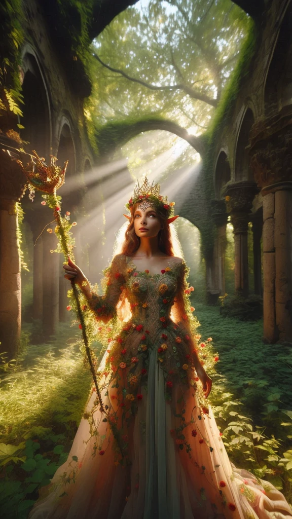 In a dappled, ancient forest ruin, an Elf Princess stands tall, her scepter raised high as beams of warm sunlight filter through the trees, casting a golden halo around her regalness. Her beautiful summer wear, enchanted clothing shimmers in the soft light covered in tiny miniature red multicolored flowers, and pea green and yellow tiny leaved vines, while lush foliage and vines surround her, creating a lush environment. The camera captures a sharp focus on the princess's face, with the rule of thirds composition placing her at the intersection of two diagonals. Shot during the golden hour, the scene exudes an ethereal mood, inviting the viewer to step into this mystical realm, fantasy, better_hands, Leonardo, Angela white, Enhance