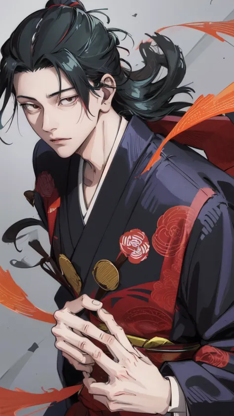 character of a person with black hair, long aga, brown eyes, handsome face, wearing a kimono. named "suguru geto" in the anime s...