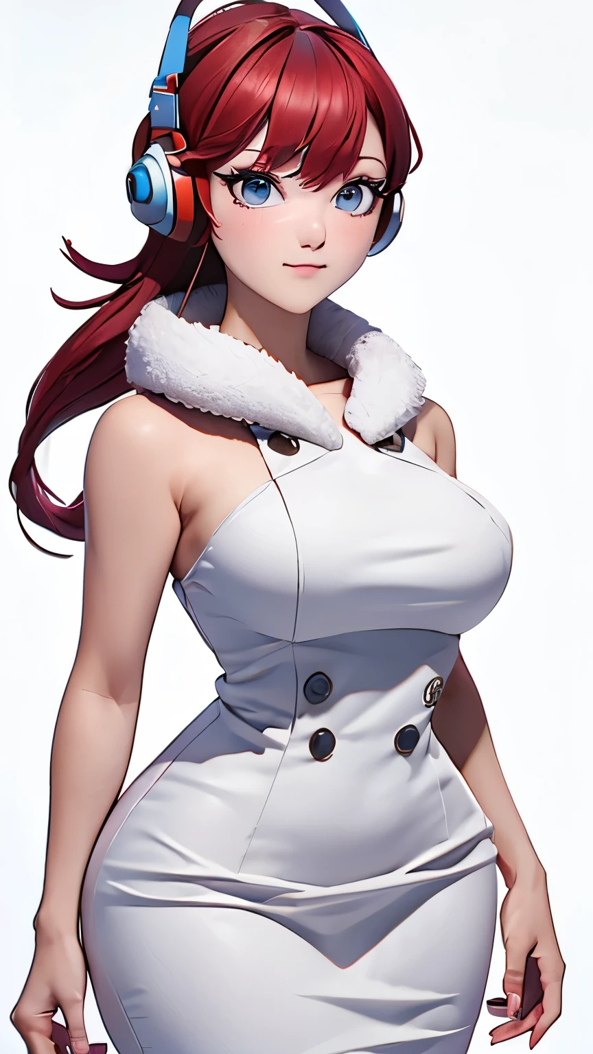 (1 girl, Alone, Masterpiece, 4k, Best Quality:1.2, (cowboy shot), Best Quality:1.2, good hands, showy, (perfect hands, perfect anatomy)), 
utaop, headphones,blush, White dress, fur over one, red and white hair, multicolor fur, High average, 
((medium breasts, big hips, looking at the viewer)), 
((simple background, White background)), 