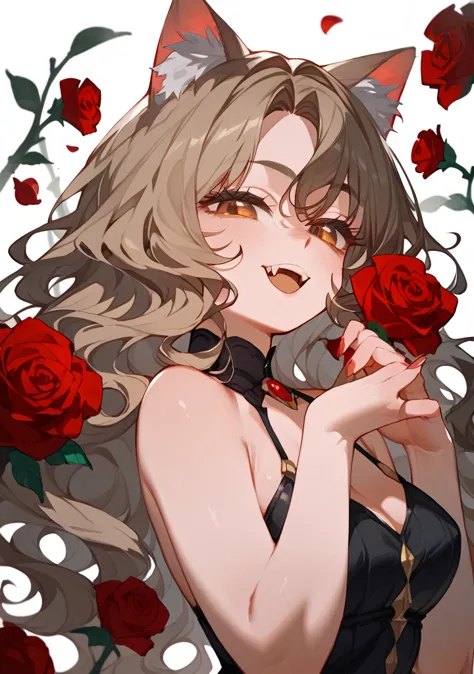 Half body, girl,  A pretty woman, long black wavy hair, Brown eyes, sexy clothes, cat ears and tail, fangs, surrounded by roses,...