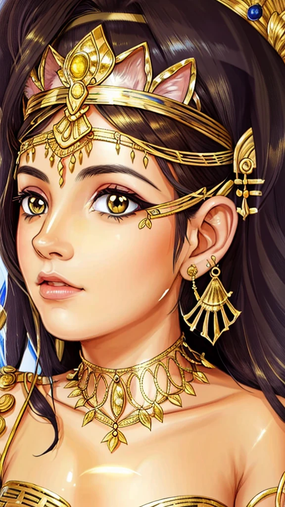 Sicher, hier ist eine englische Eingabeaufforderung für Sie:

"Erstellen Sie eine Illustration von Königin Kleopatra mit einem Katzengesicht, mit Gold geschmückt und Opulenz ausstrahlend."