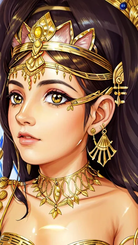 Sure, here is an English prompt for you:

"Create an illustration of Queen Cleopatra with a cat's face, adorned in gold and exud...