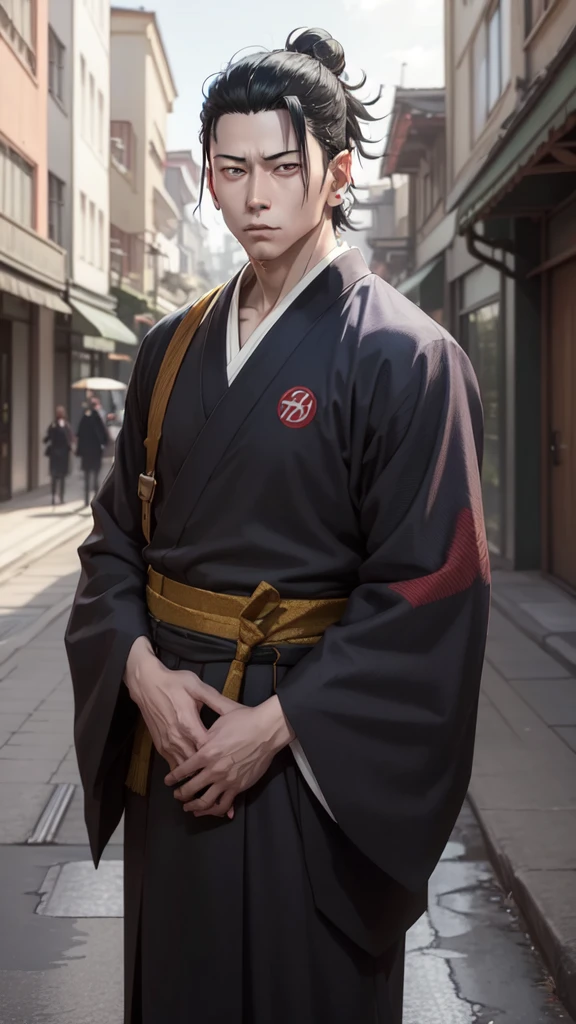 CHARACTER OF A PERSON WITH BLACK HAIR, LONG AGA, BROWN EYES, HANDSOME FACE, WEARING A KIMONO. NAMED "SUGURU GETO" IN THE ANIME STORY SERIES"(JUJUTSU KAISEN), IT STANDS IN THE MIDDLE OF A BEAUTIFUL CITY, WITH REALISTIC -8K HDR EFFECTS.