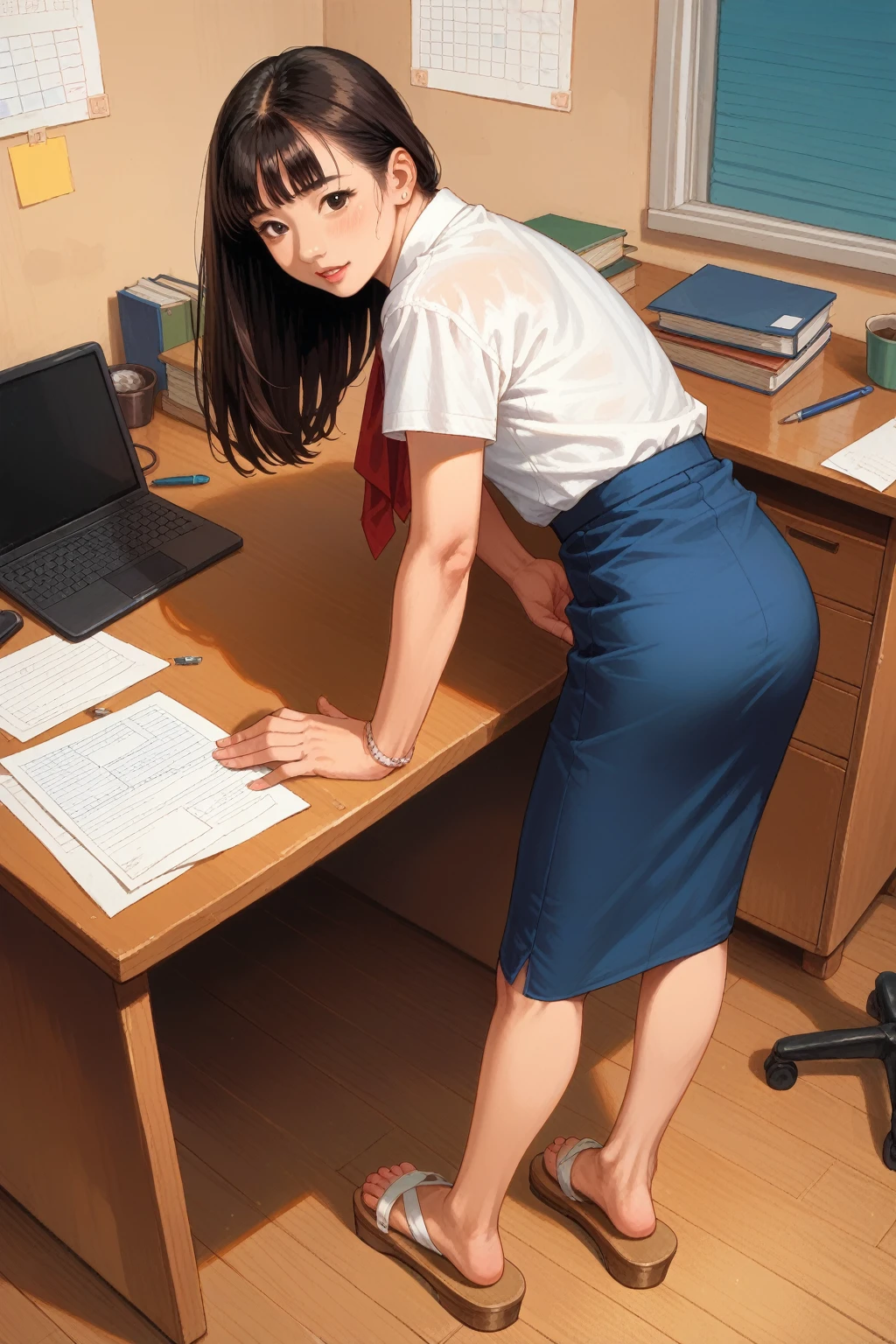Азиатская женщина, склонившаяся над офисным столом, юбка задралась, Сандалии