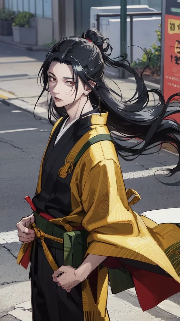 CHARACTER OF A PERSON WITH BLACK HAIR, LONG AGA, BROWN EYES, HANDSOME FACE, WEARING A KIMONO. NAMED "SUGURU GETO" IN THE ANIME STORY SERIES"(JUJUTSU KAISEN), IT STANDS IN THE MIDDLE OF A BEAUTIFUL CITY, WITH REALISTIC -8K HDR EFFECTS.