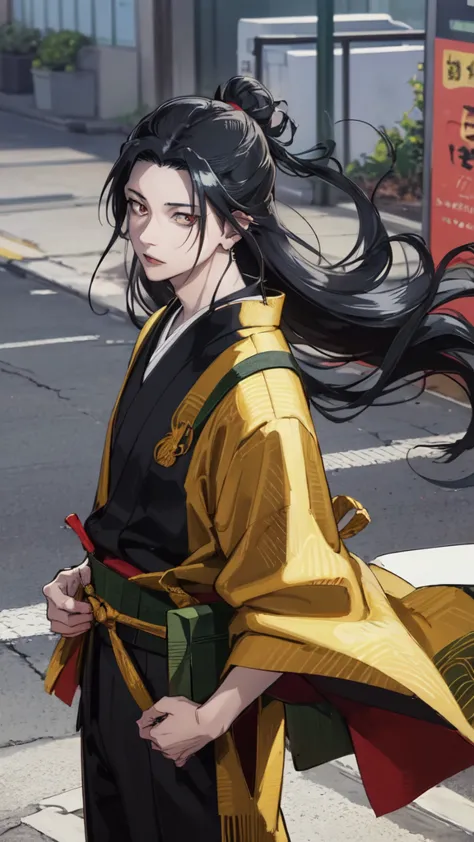 CHARACTER OF A PERSON WITH BLACK HAIR, LONG AGA, BROWN EYES, HANDSOME FACE, WEARING A KIMONO. NAMED "SUGURU GETO" IN THE ANIME S...