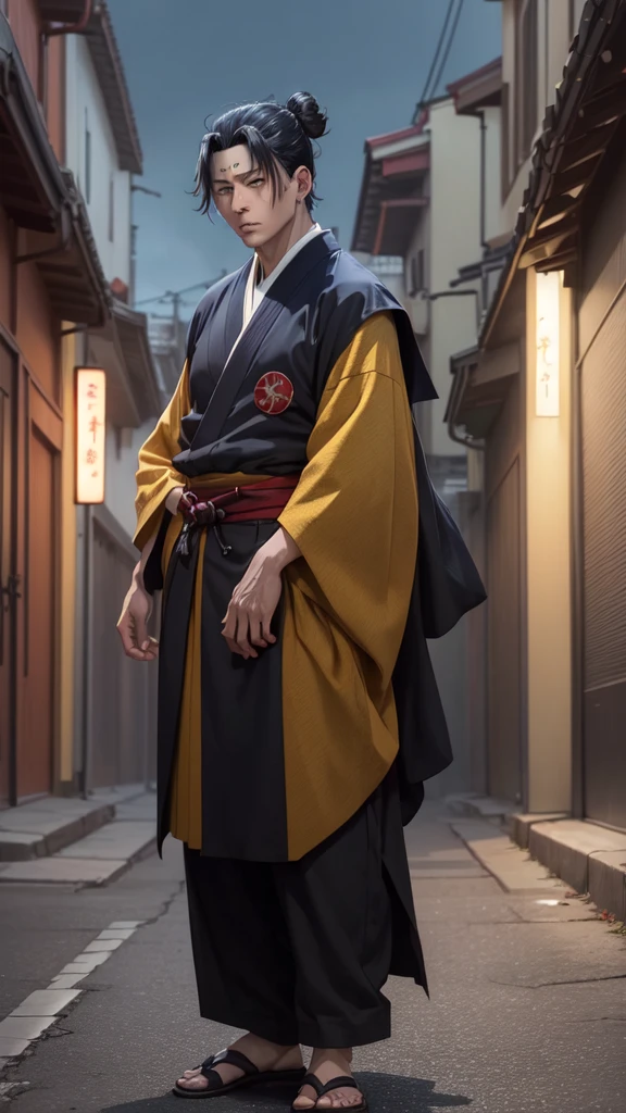 CHARACTER OF A PERSON WITH BLACK HAIR, LONG AGA, BROWN EYES, HANDSOME FACE, WEARING A KIMONO. NAMED "SUGURU GETO" IN THE ANIME STORY SERIES"(JUJUTSU KAISEN), IT STANDS IN THE MIDDLE OF A BEAUTIFUL CITY, WITH REALISTIC -8K HDR EFFECTS.