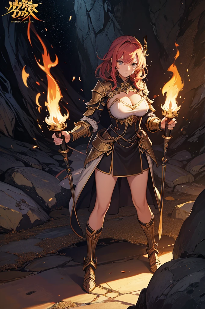 best quality, official art, masterpiece, textile shading, HDR, very detailed, colorful, best details, fantasy, battle armor,1 female, 25 years old, Anxious and frightened expression, standing on stairs,Inside a cave lit by torches,Dim brightness,choppy hair, big breast, skinny,Surrounded by a horde of goblins:1.9、Goblins in heat、Feeling like I&#39;m about to be attacked、Being welcomed:1.5、cameltoe:1.3, looking back, ground level shot:1.9,