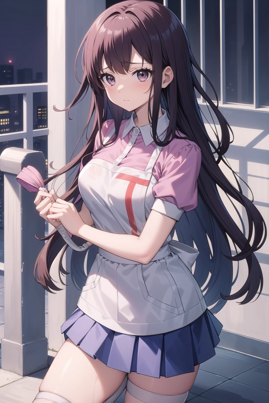 masterpiece, best quality, highres, large breasts, tmikan, purple hair, (brown eyes:1.2), long hair, messy hair, bandaged arm, bandaged leg, bandaid on knee, pink shirt, puffy short sleeves, white apron, pleated skirt, outdoors, looking up, closed mouth, sad, puppy eyes, heavy rain, night, holding umbrella, wet shirt,