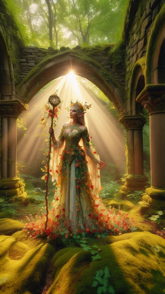 В пестром, руины древнего леса, Эльфийская принцесса стоит высоко, ее скипетр высоко поднят, когда лучи теплого солнечного света просачиваются сквозь деревья, окружая ее царственность золотым ореолом. Ее красивая летняя одежда, зачарованная одежда переливается в мягком свете, покрытая крошечными миниатюрными красными разноцветными цветами., и горохово-зеленые и желтые лозы с крошечными листьями, пока ее окружают пышная листва и виноградные лозы, Создание пышной среды. Камера резко фокусирует лицо принцессы., по правилу третей композиция помещает ее на пересечение двух диагоналей. Выстрел в золотой час, сцена излучает неземное настроение, приглашая зрителя шагнуть в это мистическое царство, Фантазия, лучше_Руки, Леонардо, Анджела Уайт, усиливать