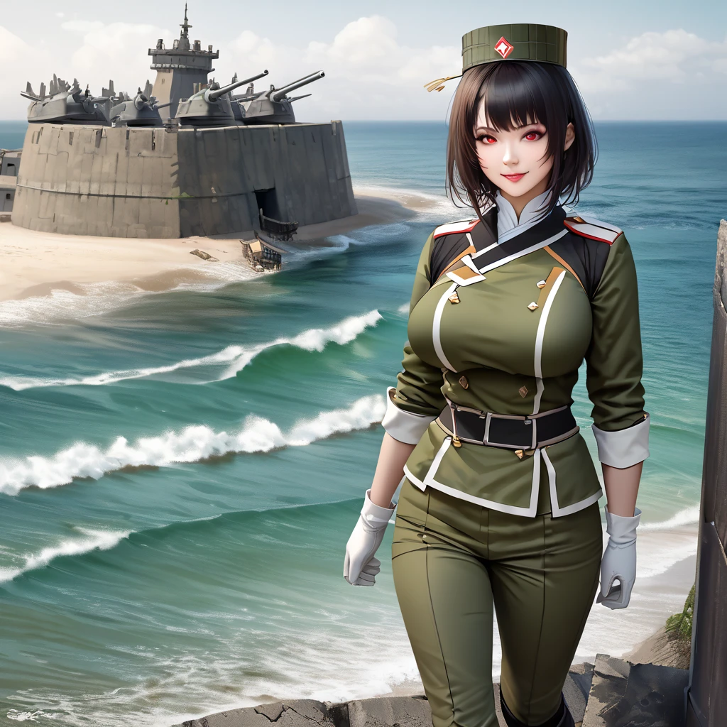 A woman wearing Imperial Japanese Drill uniform, moss green camouflage, moss green pants, black boots, Imperial Japanese Drill hat, black hair, short hair, red eyes, big breasts, white gloves, smiling, postured standing in a fortress near a beach, overlooking a beach with fortification and warships in the sea.realistic
