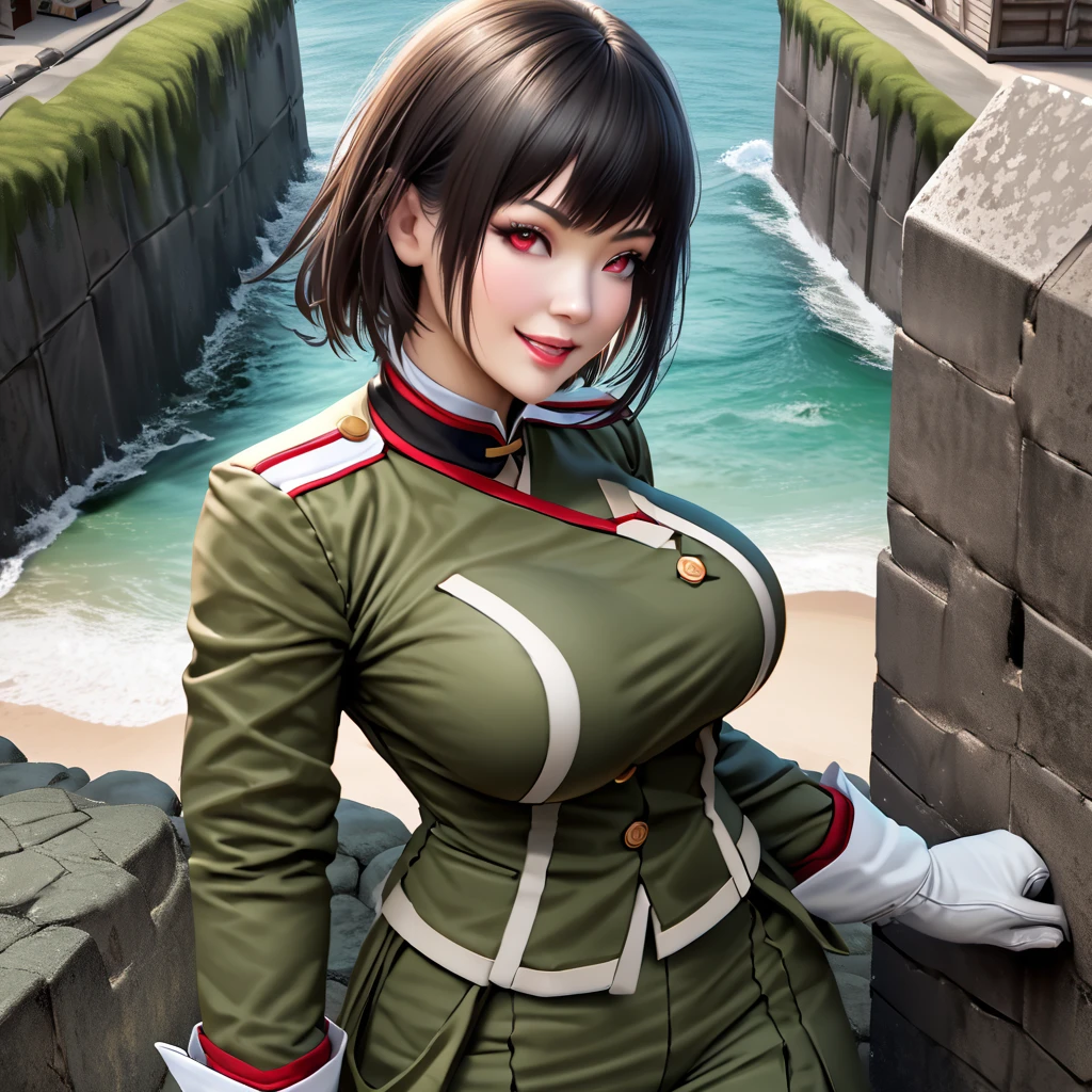 A woman wearing Imperial Japanese Drill uniform, moss green camouflage, moss green pants, black boots, Imperial Japanese Drill hat, black hair, short hair, red eyes, big breasts, white gloves, smiling, postured standing in a fortress near a beach, overlooking a beach with fortification and warships in the sea.realistic
