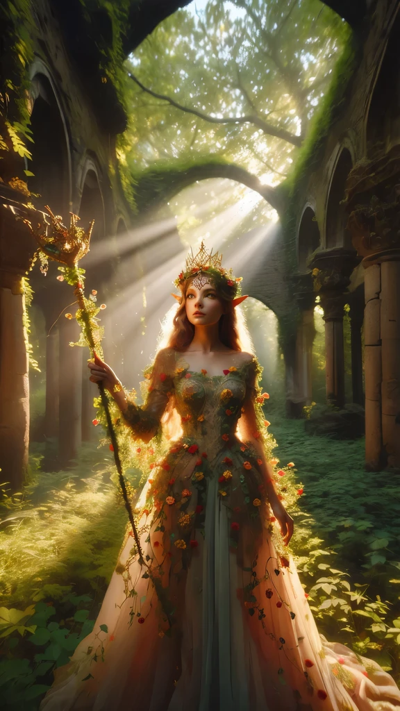 在斑駁的, 古代森林遺址, 精靈公主高高矗立, 當溫暖的陽光穿過樹林時，她的權杖高高舉起, 在她的高貴氣質周圍罩上一層金色的光環. 她美麗的夏裝, 迷人的衣服在柔和的光線下閃閃發光，上面覆蓋著微小的紅色五彩花朵, 和豌豆綠色和黃色的小葉藤蔓, 茂密的樹葉和藤蔓圍繞著她, 創造一個鬱鬱蔥蔥的環境. 鏡頭清晰地聚焦在公主的臉上, 按照三分法則構圖，她位於兩條對角線的交點處. 黃金時段拍攝, 場景散發著空靈的意境, 邀請觀眾走進這個神秘的境界, 幻想, 更好的_手, 列奧納多, 安吉拉懷特, 提高