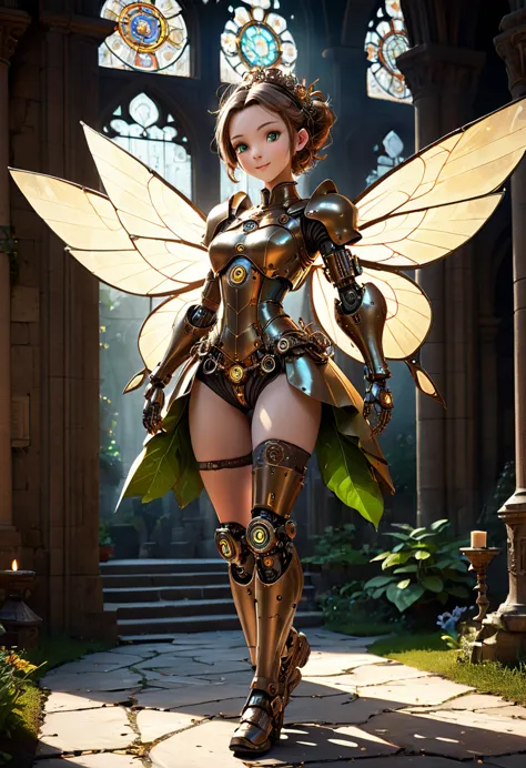 A robotic clockwork fairy. All bronze, gears, crAFTSMAN STYLE. GLASS WINGS. masterpiece, best quality, highly detailed, solo, lo...
