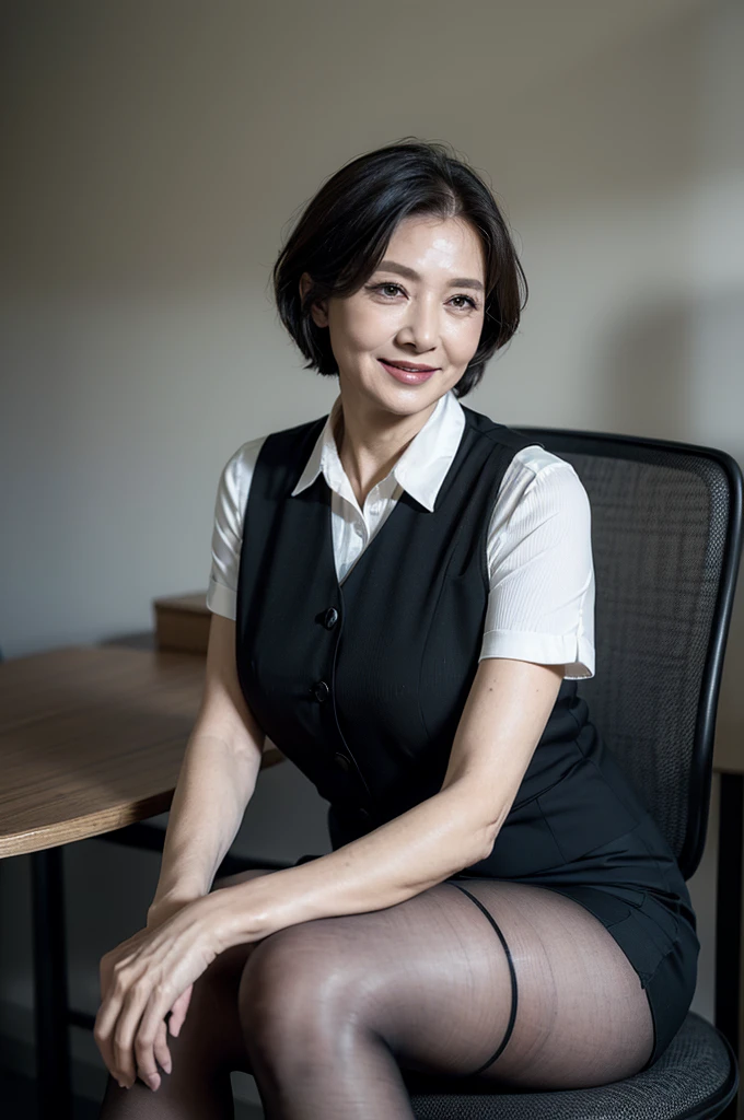 (masterpiece:1.4),(Female, 65 years old:1.5),(Facial wrinkles : 1.2),A kind smile,short hair, maternal, Mature Woman, sitting, office worker, (dull fabric), (polyester black vest with button), black pencil skirt, white short sleeve shirt, (black nylon tights), (plump arms : 1), (focus on arms), indoor modern office, detailed backgrounds