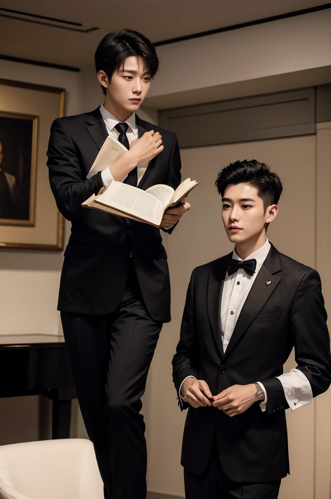 (Masterpiece、Perfect beauty), (Young Man, Black short hair), (secretary, suit, formal), President&#39;s office, Modern Office,Subdued lighting,