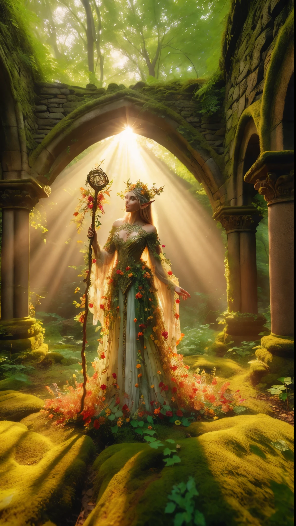 まだら模様の, 古代の森の遺跡, エルフの王女は堂々と立っている, 木々の間から差し込む暖かい陽光の中、彼女の王笏は高く掲げられている, 彼女の威厳の周りに金色の光輪を投げかける. 彼女の美しい夏服, 魔法の服は、小さなミニチュアの赤い多色の花で覆われた柔らかな光の中できらめきます, エンドウ豆の緑と黄色の小さな葉のつる植物, 豊かな葉と蔓が彼女を取り囲んでいる, 豊かな環境を創る. カメラは王女の顔に鮮明に焦点を合わせている, 三分割法で彼女を2つの対角線の交点に配置する. ゴールデンアワーに撮影, この光景は幻想的な雰囲気を醸し出している, 鑑賞者をこの神秘的な世界へと誘う, ファンタジー, より良い_手, レオナルド, アンジェラ・ホワイト, 強化する