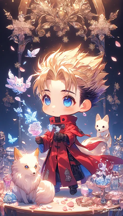 ultra detailed, hdr, highres, absurdres, master piece, vash stampede chibi, blond hair, expressive blue eyes, red clothes, trigu...