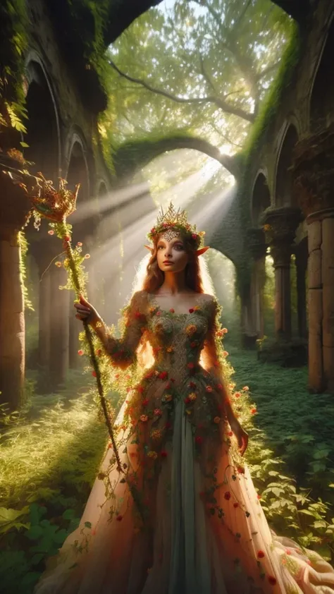 In a dappled, ancient forest ruin, an Elf Princess stands tall, her scepter raised high as beams of warm sunlight filter through...
