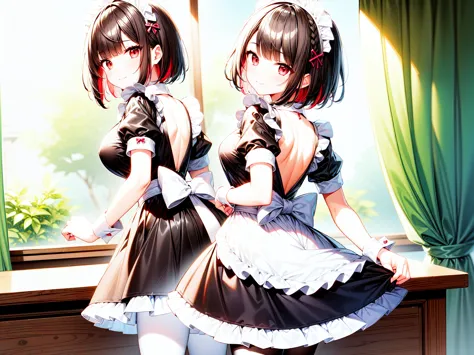 1girl, solo, breasts, red_eyes, colored_inner_hair, pantyhose, black_hair, tail, dress, short_sleeves, looking_at_viewer, maid, ...