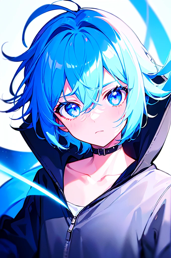 [(WHITE BACKGROUND:1.5),::5], ((((masterpiece)))), high quality, ultra very high resolution, full color, (((solo))), ((little boy)), oriental Blue hair, (oriental blue eyes), anime, ((upper body)), neon light, black parka, 