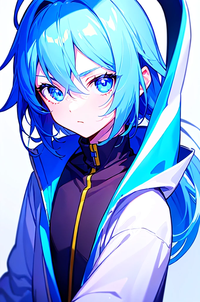 [(WHITE BACKGROUND:1.5),::5], ((((masterpiece)))), high quality, ultra very high resolution, full color, (((solo))), ((little boy)), oriental Blue hair, (oriental blue eyes), anime, ((upper body)), neon light, black parka, 