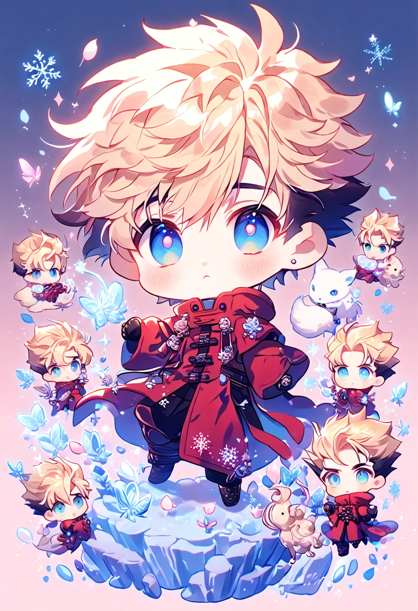 Ultra detailed, HDR, Highres, absurdres, master piece, Vash Stampede chibi, blond hair, expressive blue eyes, red clothes, Trigun, white fox, Ninetales, expressive blue eyes, glass, ice glittering butterflies, ice, petals, pink ice glass flowers, cute, glittering, water, fantasy, magical, snowflakes, cold, small and cute, glass