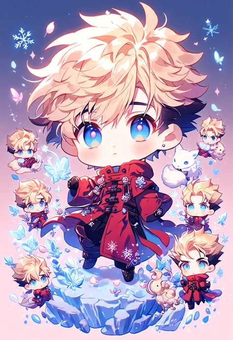 Ultra detailed, HDR, Highres, absurdres, master piece, Vash Stampede chibi, blond hair, expressive blue eyes, red clothes, Trigu...