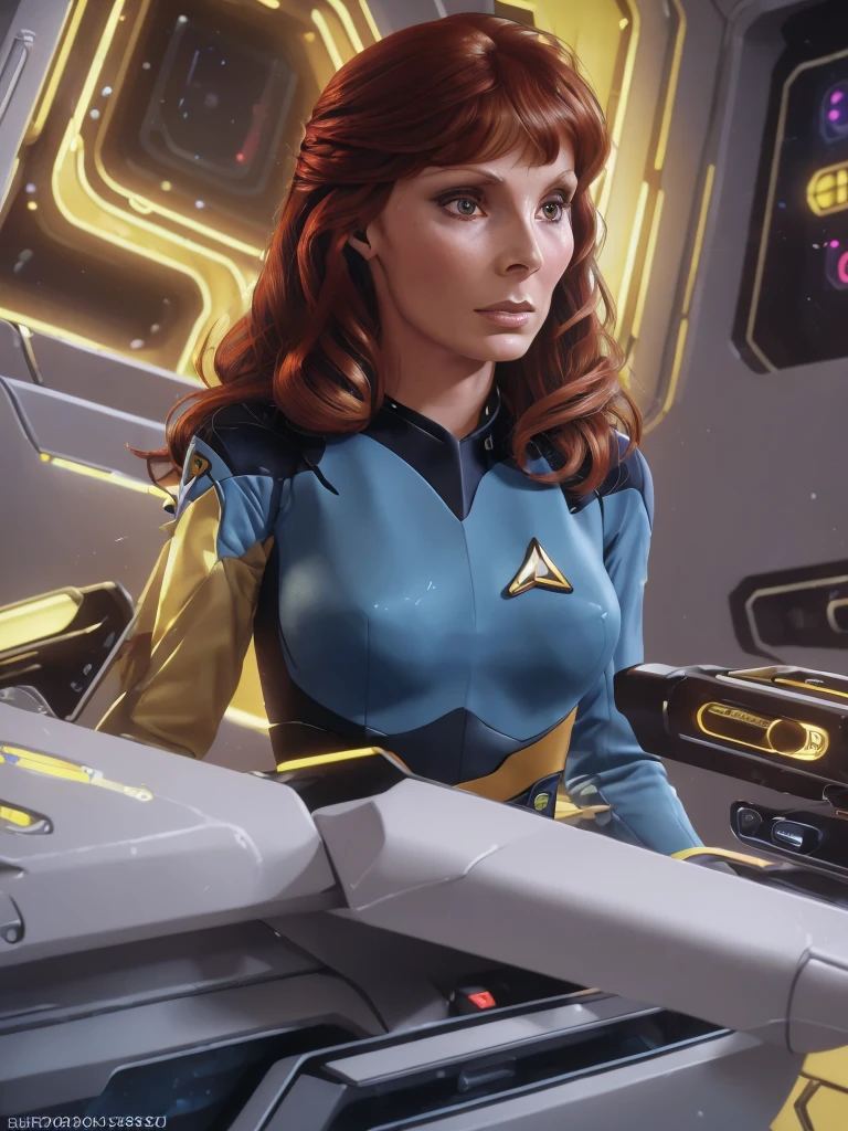 Beverly Crusher con hermosos ojos detallados, hermosos labios detallados, cara y cabello extremadamente detallados, 1 chica, sci-fi bikini, Luces intermitentes, reflejos de neón, sesión de glamour, conjunto de ciencia ficción de los 60, computadoras grandes y toscas, camas grandes y suaves, (mejor calidad,4k,8K,alta resolución,obra maestra:1.2),ultra detallado,(Realista,photoRealista,photo-Realista:1.37),ciencia ficción,iluminación de estudio,Pintura ultrafina,enfoque nítido,renderizado basado físicamente,descripción detallada extrema,Profesional,colores vívidos,bokeh
