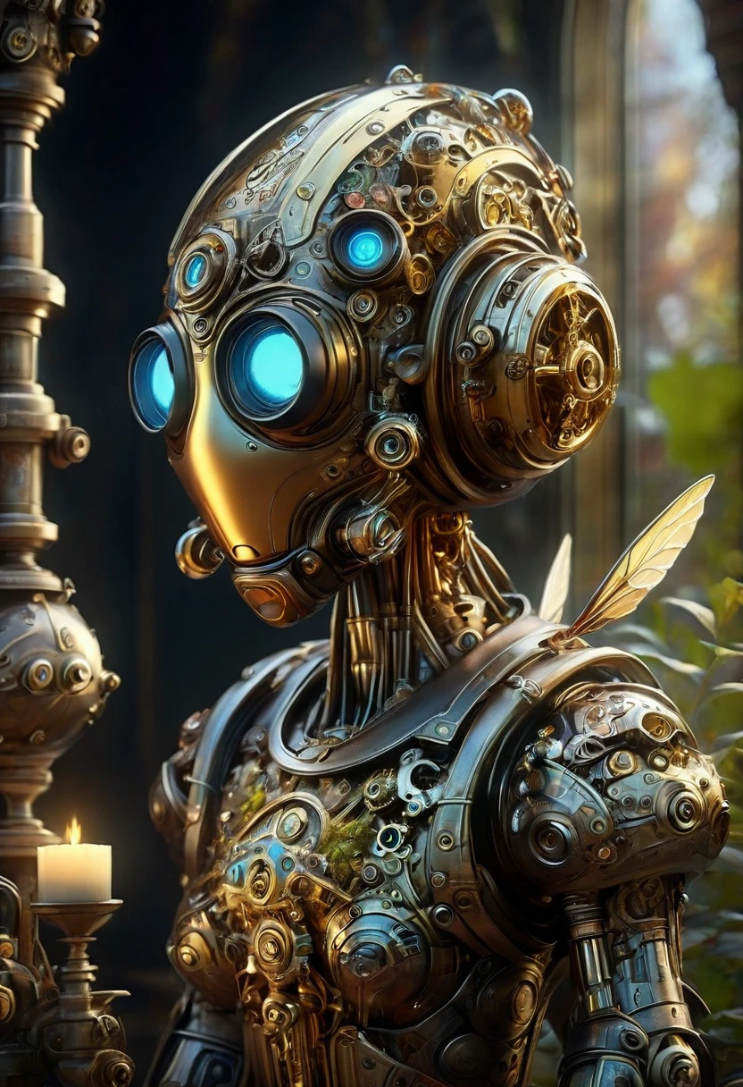 Eine Roboter-Uhrwerk-Fee. All bronze, Getriebe, HANDWERKER-STIL. GLASS WINGS. Meisterwerk, beste Qualität, sehr detailliert, Allein, Betrachter betrachten, lächeln, mechanisches Gesicht, Gesicht aus Bronze gemeißelt. Ultra HD, Vom Rokoko inspirierte Fantasy-Kunst mit komplizierten Details. Niedlich, charmanter Ausdruck, Verführerischer Blick, Betrachter betrachten Beautiful Eyes, Eine Idealfigur. . schlanke Taille, Trainierter Körper, Warm lightssymmetrical face, fotorealistisch, Fotografie, Pfadverfolgung, spiegelnde Beleuchtung, volumetrisches Gesichtslicht, Pfad verfolgtes Haar, maximale Qualität{(Tischplatte) (8k hohe Auflösung) (Top Qualität) im Stil von Breath of the Wild.mittelalterlicher Klostergarten,steampunk craftsman robot monk,schöne kunstvolle Architektur,steampunk machinery and Getriebe,exquisite Buntglasfenster,verzauberter Blumengarten,alter Steinweg mit aufwendigen Schnitzereien,leuchtende Kerzen und gedämpfte Atmosphäre,Dampf und Rauch steigen aus der Maschinerie auf,mystische Atmosphäre,friedliche und ruhige Umgebung,mechanische Flügel, die am Rücken des Robotermönchs befestigt sind,Roboter-Mönch mit komplizierten Uhrwerk-Mechanismen,elektromechanische Augen, die vor Energie glühen,warm golden color palette,sanftes Sonnenlicht strömt durch die Buntglasfenster,flüsterndes Geräusch des Windes und raschelnde Blätter,der Duft alter Bücher und Weihrauch,Noten alter gregorianischer Gesänge hallen in der Luft wider,Gefühl von Ehrfurcht und Ruhe,Kombination aus futuristischen und mittelalterlichen Elementen,Harmonie von Technologie und Spiritualität.
