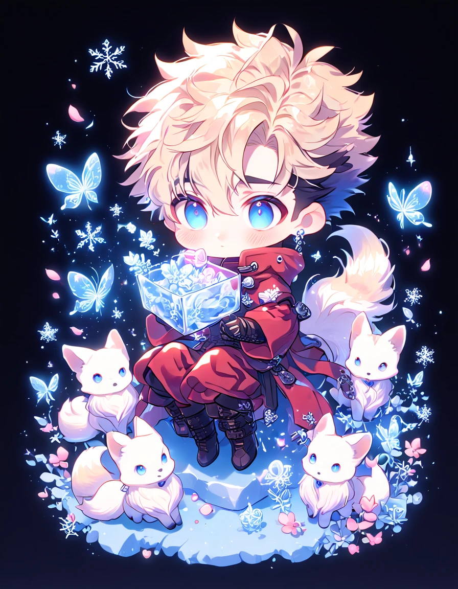 Ultra detailed, HDR, Highres, absurdres, master piece, Vash Stampede chibi, blond hair, expressive blue eyes, red clothes, Trigun, white fox, Ninetales, expressive blue eyes, glass, ice glittering butterflies, ice, petals, pink ice glass flowers, cute, glittering, water, fantasy, magical, snowflakes, cold, small and cute, glass