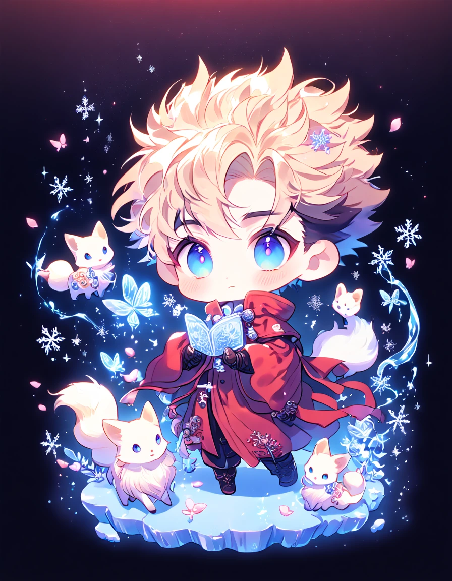 Extrem detailliert, HDR, Highres, absurdesten, Meisterwerk, Vash Stampede-Chibi, blondes Haar, ausdrucksstarke blaue Augen, Rote Kleidung, Trigun, weißer Fuchs, NineTales, ausdrucksstarke blaue Augen, glass, Eis glänzend butterflies, Eis, Blütenblätter, pink Eis glass flowers, Niedlich, glänzend, Wasser, Fantasie, magisch, Schneeflocken, kalt, small and Niedlich, glass