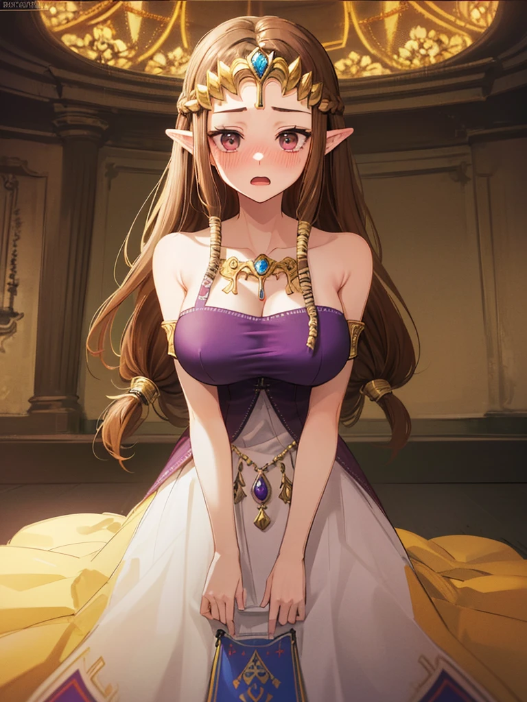 ((((Very beautiful mature woman)))),((surprised),((Scared)),((valley)),((((Exposed shoulders)))),(((look up))),,(((Golden hair ornament)),,(((Long Hair)))),((Big Breasts)),((((Exposed shoulders)))),((Front Face)),Princess Zelda, ((Highest quality)),,(Very detailed) ,,((Purple blouse)),Brown Hair,((Embarrassed look)),Blushing, ((Highest quality)), (Very detailed), ,(((Dark brown hair))),Nintendo, (Straight hair), face,Blushing,((alone)), ((Highest quality)), (Very detailed), ,