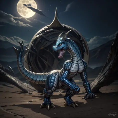 a close up of a Dragão azul with a full moon in the background, dragão de escamas azuis, Dragão azul, armadura azul inspirada em...