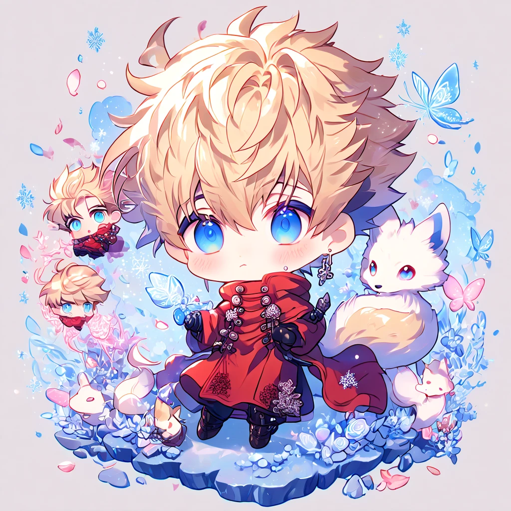 Ультра подробный, HDR, Высокое разрешение, абсурд, шедевр, Vash Stampede chibi, белокурые волосы, выразительные голубые глаза, красная одежда, Триган, белая лиса, девять сказок, выразительные голубые глаза, Стекло, лед сверкающий butterflies, лед, лепестки, pink лед Стекло flowers, милый, сверкающий, вода, фантазия, волшебный, снежинки, Холодно, small and милый, Стекло