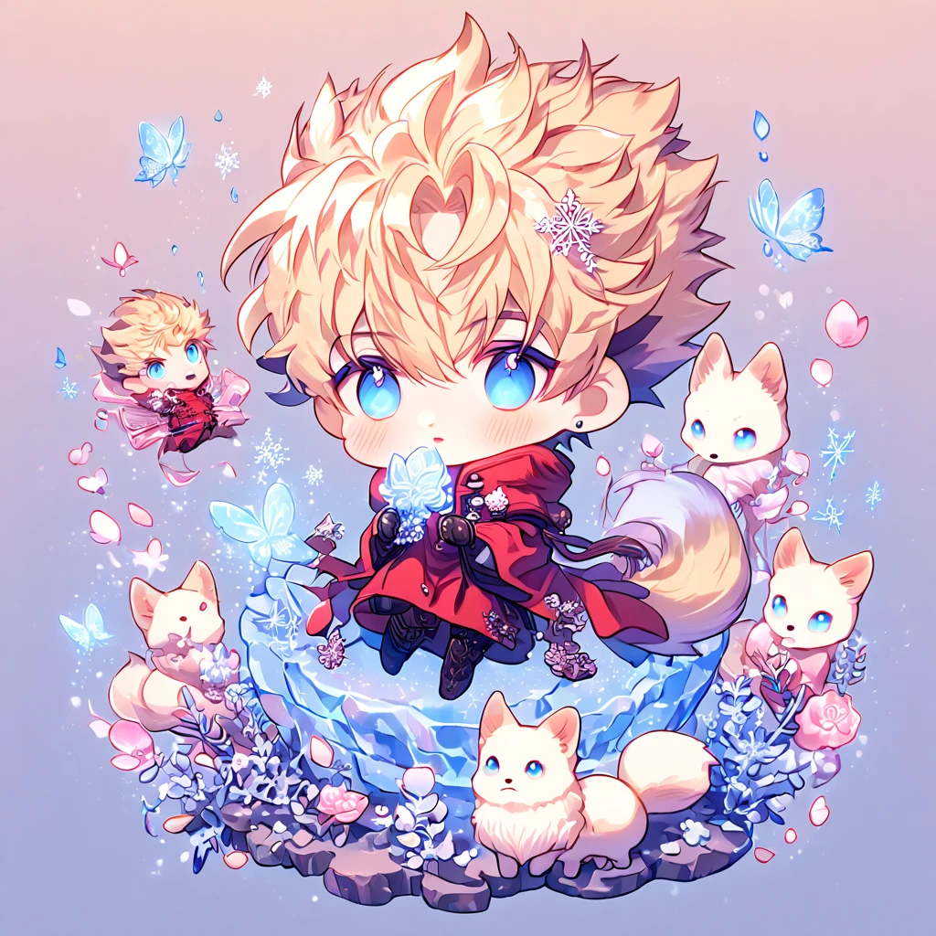 Ultra detailed, HDR, Highres, absurdres, master piece, Vash Stampede chibi, blond hair, expressive blue eyes, red clothes, Trigun, white fox, Ninetales, expressive blue eyes, glass, ice glittering butterflies, ice, petals, pink ice glass flowers, cute, glittering, water, fantasy, magical, snowflakes, cold, small and cute, glass