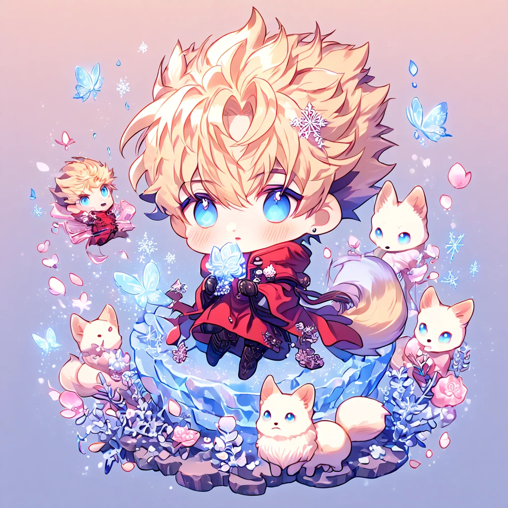 Extrem detailliert, HDR, Highres, absurdesten, Meisterwerk, Vash Stampede-Chibi, blondes Haar, ausdrucksstarke blaue Augen, Rote Kleidung, Trigun, weißer Fuchs, NineTales, ausdrucksstarke blaue Augen, glass, Eis glänzend butterflies, Eis, Blütenblätter, pink Eis glass flowers, Niedlich, glänzend, Wasser, Fantasie, magisch, Schneeflocken, kalt, small and Niedlich, glass