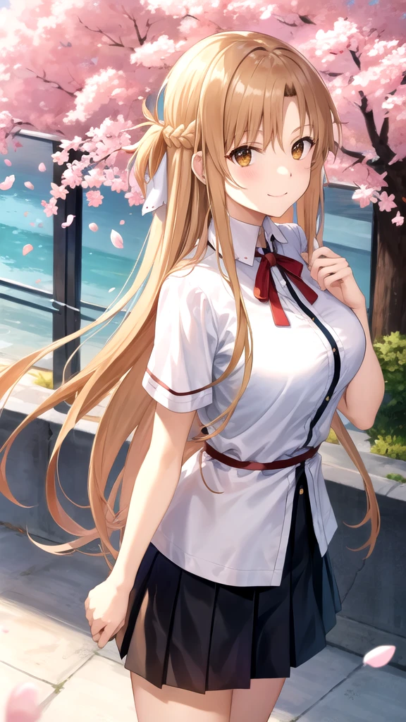 aaasuna,long hair, brown hair, braid, brown eyes,large breasts,,white shirt,short sleeves,pleated skirt,black skirt,red ribbon, neck ribbon,cowboy shot,standing,smile,closed mouth,outdoors,cherry blossoms,lower body,   