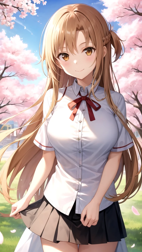 aaasuna,long hair, brown hair, braid, brown eyes,large breasts,,white shirt,short sleeves,pleated skirt,black skirt,red ribbon, neck ribbon,cowboy shot,standing,smile,closed mouth,outdoors,cherry blossoms,lower body,   